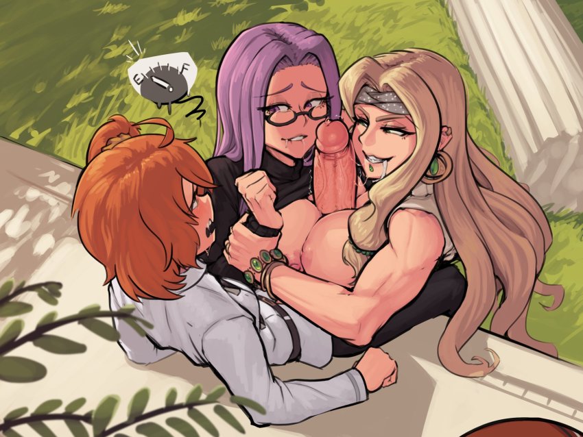 1futa 2girls assertive_female biting_own_lip blonde_hair boxman breasts cooperative_paizuri erection face_piercing fate/grand_order fate_(series) from_above from_behind fujimaru_ritsuka_(female) futa_with_female futanari glans glasses highres labret_piercing large_breasts large_penis medusa_(fate) medusa_(rider)_(fate) multiple_girls nipples orange_hair paizuri penis piercing purple_hair quetzalcoatl_(fate) smile teamwork_(sexual) uncensored