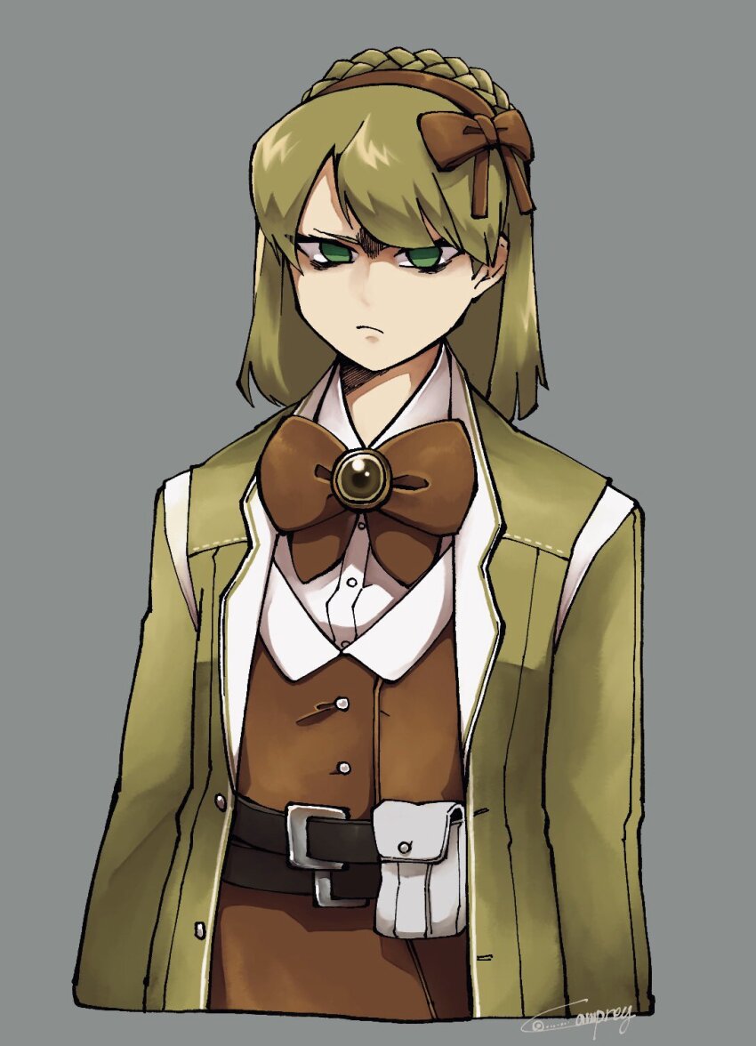 1girl belt black_belt blonde_hair bow braid brown_bow brown_dress brown_hairband buttons coat crown_braid dress glaring hair_bow hairband highres lapels library_of_ruina looking_at_viewer medium_hair notched_lapels project_moon solo tiphereth_a_(project_moon) upper_body yatsumeunagi yellow_coat