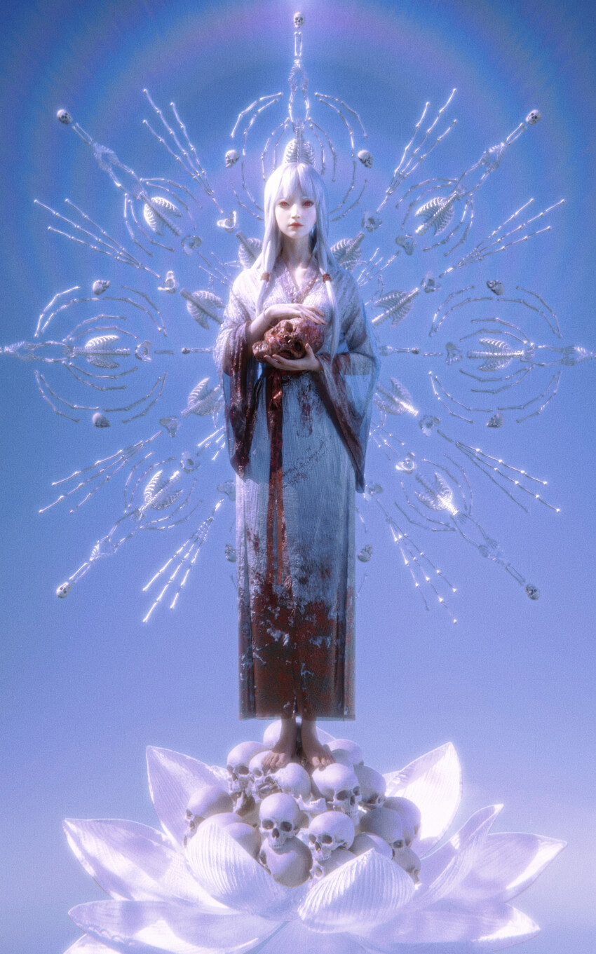 1girl absurdres barefoot blood blood_on_clothes blue_sky chinese_clothes chinese_commentary closed_mouth commentary_request day expressionless eyelashes feet fingernails flower full_body gao_sheng hair_tie hanfu highres holding holding_skull lipstick long_hair long_sleeves looking_at_viewer lotus low-tied_sidelocks makeup original outdoors parted_bangs pile_of_skulls qujupao rainbow realistic red_eyes red_lips red_sash sash sidelocks skeleton skull sky solo standing straight-on straight_hair toenails toes very_long_hair waist_sash white_flower white_hair white_hanfu wide_sleeves