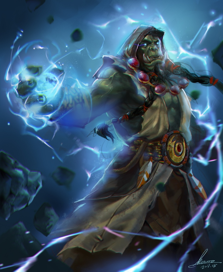 1boy 2017 beard black_hair blue_background blue_eyes braid colored_skin dated eye_trail facial_hair floating_hair glowing glowing_eyes green_skin highres hood hood_up kwoo light_trail long_hair magic male_focus muscular muscular_male orc pectorals signature solo thrall twin_braids very_long_hair warcraft world_of_warcraft