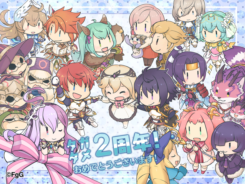 4others 5boys 6+girls :d ;) ^_^ agatha_(ta_ga_tame_no_alchemist) ahoge all_fours alma_(ta_ga_tame_no_alchemist) amane_(ta_ga_tame_no_alchemist) anniversary aqua_haori arm_guards arm_up armor ascot bangle belt bird blonde_hair blue_bow blue_bowtie blue_coat blue_eyes blue_gloves boots bow bowtie bracelet breastplate brown_footwear brown_jacket chibi chibi_only chloe_(ta_ga_tame_no_alchemist) clenched_hand closed_eyes coat collared_coat copyright_notice creature dias_(ta_ga_tame_no_alchemist) double-parted_bangs dress edgar_(ta_ga_tame_no_alchemist) eye_contact fang fingerless_gloves fiona_(ta_ga_tame_no_alchemist) flower forehead_protector gane_(ta_ga_tame_no_alchemist) gloves goggles goggles_on_head green_eyes green_hair grey_hair hair_between_eyes hair_bow hair_flower hair_ornament hair_over_one_eye hair_ribbon hair_slicked_back hand_grab hand_up hands_on_own_cheeks hands_on_own_face haori hat high_ponytail highres holding holding_staff holding_stuffed_toy holding_sword holding_weapon horns jacket japanese_armor japanese_clothes jewelry juliet_sleeves katana kubi_(g-row) light_blush lisbeth_finn_lustburg logi_crowley long_hair long_sleeves looking_at_another lucretia_(ta_ga_tame_no_alchemist) mask multicolored_eyes multicolored_hair multiple_boys multiple_girls multiple_others no_nose official_art one_eye_closed open_mouth orange_hair ouroboros_(ta_ga_tame_no_alchemist) patterned_background pink_boots pink_bow pink_bowtie pink_coat poleyn polka_dot polka_dot_background ponytail puffy_sleeves purple_ascot purple_bow purple_coat purple_eyes purple_hair purple_hat question_mark_ahoge rebecca_(ta_ga_tame_no_alchemist) red_gloves red_hair red_skirt ribbon scar scar_on_face second-party_source sheath short_hair shoulder_armor skirt smile staff stuffed_toy sweatdrop sword ta_ga_tame_no_alchemist tina_(ta_ga_tame_no_alchemist) two-handed two-tone_eyes two-tone_hair two_side_up vettel_(ta_ga_tame_no_alchemist) walking weapon white_ascot white_dress white_flower white_ribbon wing_hair_ornament witch_hat