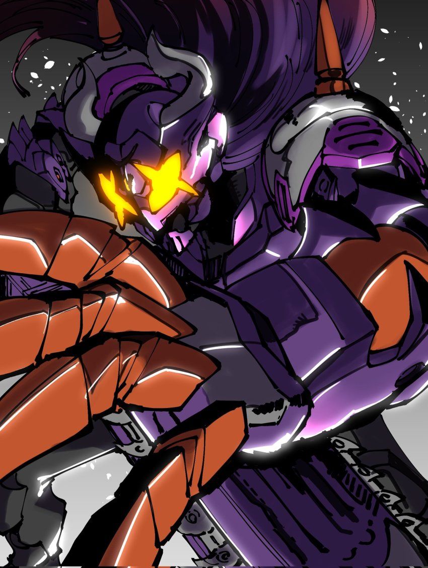 +_+ 1boy amakawa_mayu black_bodysuit black_footwear black_gloves bodysuit boots buffalo bull chainsaw claw_(weapon) crack desire_driver gloves highres horns hunched_over incoming_attack kamen_rider kamen_rider_buffa kamen_rider_geats_(series) long_hair looking_at_viewer purple_hair raise_buckle scarf shoulder_spikes spikes spread_legs sword weapon zombie_breaker zombie_buckle