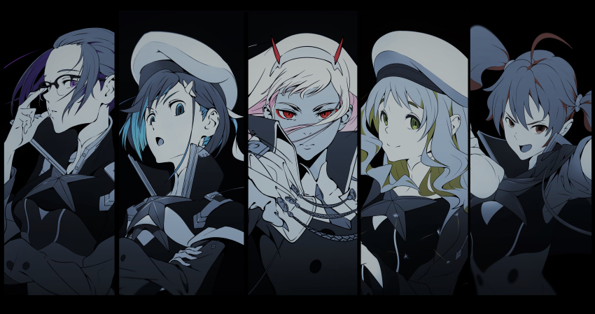 5girls absurdres beret blonde_hair blue_eyes blue_hair breasts brown_eyes brown_hair closed_mouth collar darling_in_the_franxx eyebrows_hidden_by_hair fingernails glasses green_eyes hair_between_eyes hair_ornament hairband hat highres horns ichigo_(darling_in_the_franxx) ikuno_(darling_in_the_franxx) kokoro_(darling_in_the_franxx) long_fingernails long_hair long_sleeves looking_at_viewer miku_(darling_in_the_franxx) monochrome multiple_girls open_mouth pink_hair purple_eyes purple_hair red_eyes sharp_fingernails short_hair smile split_mouth twintails uniform upper_body zero_two_(darling_in_the_franxx) zorome_(darling_in_the_franxx) zzl