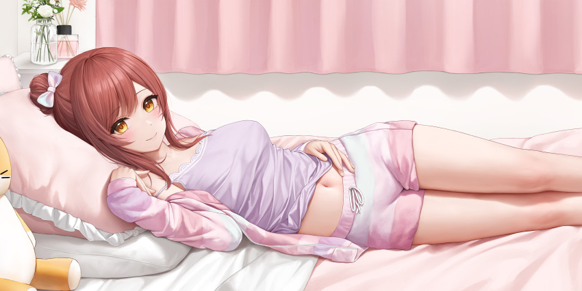 1girl absurdres bare_legs bed_sheet blush bow breasts brown_hair camisole commentary_request feet_out_of_frame hair_bow hair_bun highres idolmaster idolmaster_shiny_colors indoors jacket keine09 looking_at_viewer lying medium_breasts navel on_side open_clothes open_jacket osaki_amana pillow pink_jacket pink_shorts purple_camisole shorts single_hair_bun smile solo stuffed_animal stuffed_toy white_bow yellow_eyes