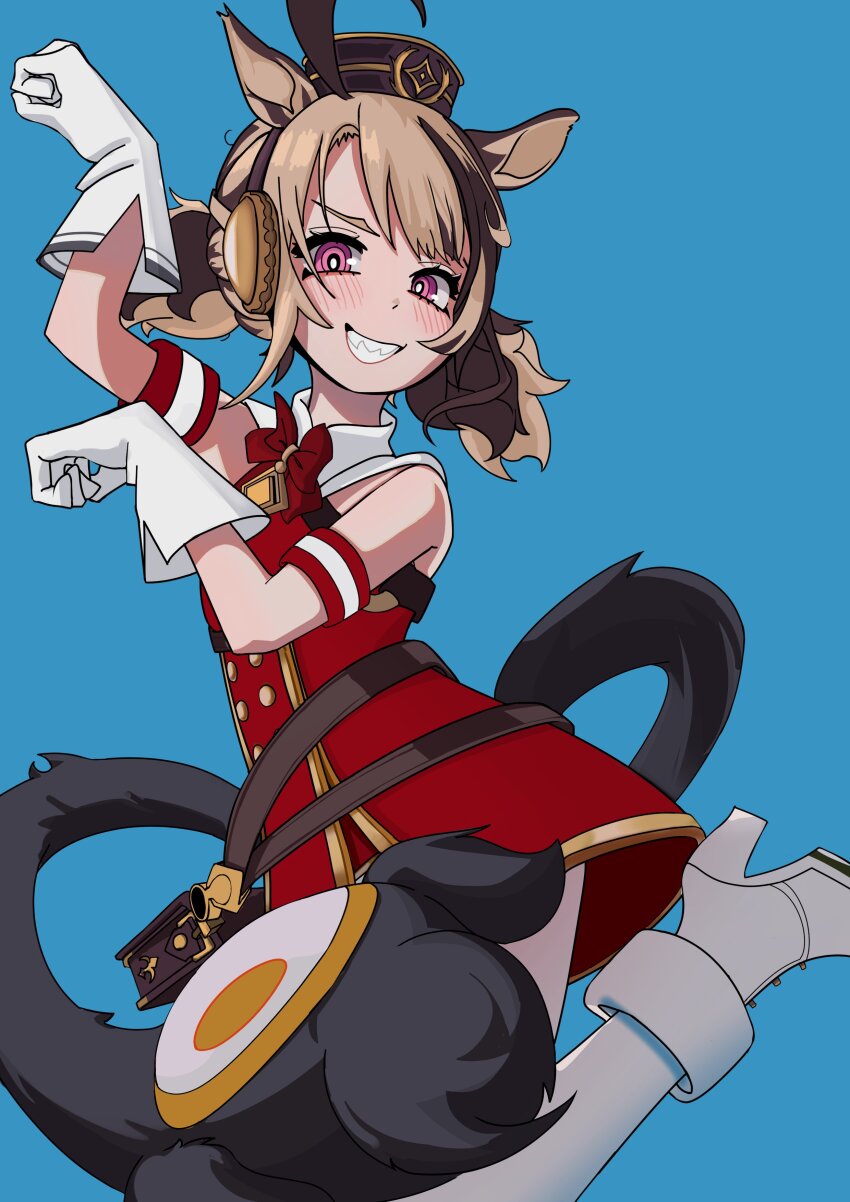 absurdres animal_ears blonde_hair blush boots bow brown_hair cosplay dress gigi_murin gloves gold_ship_(umamusume) hat highres hololive hololive_english horse_ears horse_girl horse_tail kemonomimi_mode long_hair low-tied_long_hair paw_pose pink_eyes red_dress red_skirt shirt skirt smile tail umamusume virtual_youtuber white_gloves