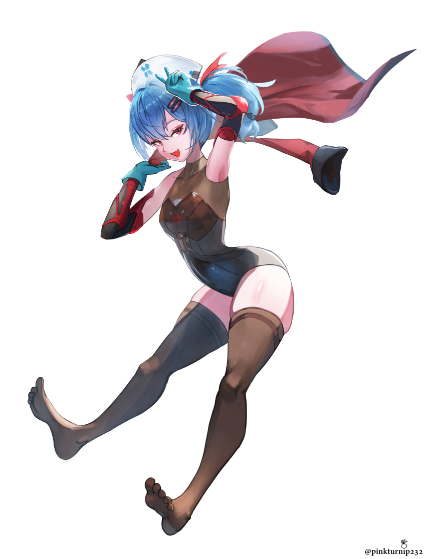 1girl :d absurdres bare_shoulders blue_gloves blue_hair breasts clothes_theft coat colphne_(girls&#039;_frontline_2) colphne_(silent_heart)_(girls&#039;_frontline_2) fang from_side full_body girls&#039;_frontline girls&#039;_frontline_2:_exilium gloves hair_between_eyes hair_ornament hair_ribbon hairclip hands_up hat highres leaning_forward looking_at_viewer medium_hair nurse_cap open_mouth pinkturnip232 red_coat red_eyes red_ribbon ribbon skindentation small_breasts smile smug solo theft thighhighs thighs twintails v v_over_head