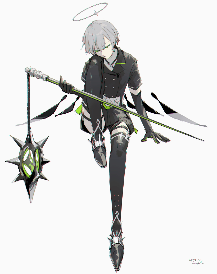 1boy absurdres arene_(arknights) arknights arm_support artist_name black_gloves black_jacket black_shoes black_thighhighs buttons commentary dated double-breasted elbow_gloves energy_wings english_commentary flail full_body garter_straps gloves grey_hair grey_halo halo highres holding holding_flail holding_weapon invisible_chair jacket knee_up looking_to_the_side male_focus pppmepl shoes short_hair short_sleeves simple_background sitting solo spiked_shoes spikes thigh_strap thighhighs traditional_halo very_short_hair weapon white_background