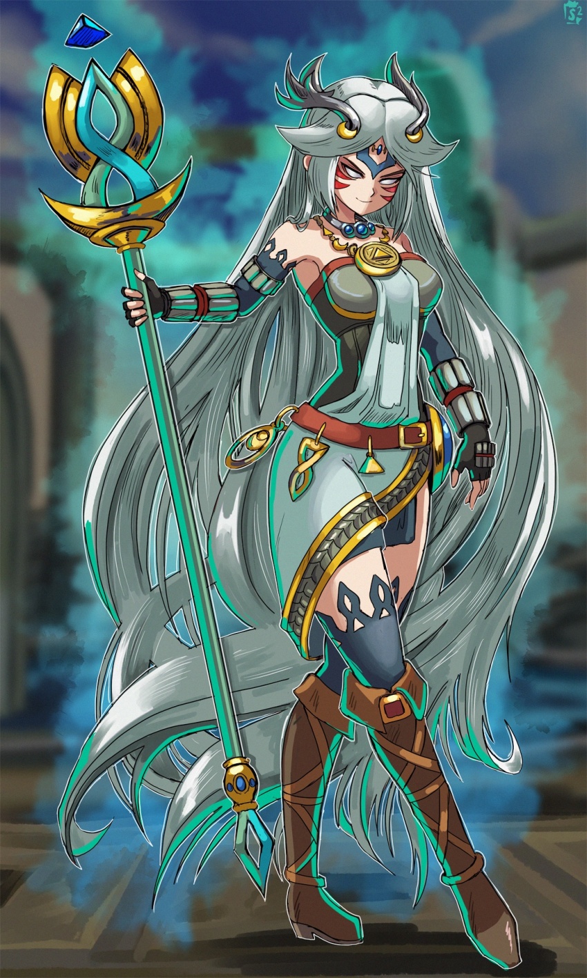 1girl alternate_costume alternate_eye_color alternate_hair_color armor aura bare_shoulders belt boots breasts company_connection corruption crescent crescent_moon crescent_moon_print crescent_moon_symbol crescent_print crossover dark_persona double_helix evil_smile facial_mark facial_tattoo fierce_deity fingerless_gloves gloves hal_laboratory highres holding holding_staff holding_weapon jewelry kid_icarus long_hair looking_at_viewer medium_breasts moon necklace nintendo no_pupils palutena possessed possession smile solo staff standing standing_on_one_leg stoic_seraphim super_smash_bros. tattoo the_legend_of_zelda the_legend_of_zelda:_majora&#039;s_mask thighhighs triangle triangle_print walking weapon white_hair