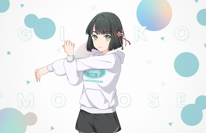 1girl abstract_background black_hair black_shorts blue_background blunt_bangs blunt_ends character_name clothes_writing dolphin_shorts flower flower_knot game_cg green_eyes hair_flower hair_ornament highres hood hood_down hoodie link!_like!_love_live! long_sleeves love_live! momose_ginko momose_ginko_(summer_training_wear) official_alternate_costume official_art puffy_long_sleeves puffy_sleeves short_hair shorts solo third-party_source virtual_youtuber white_background white_hoodie