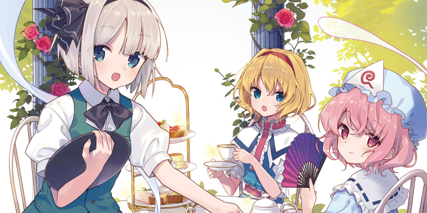 3girls alice_margatroid black_bow black_bowtie black_hairband blonde_hair blue_dress blue_eyes blue_hat blue_kimono bow bowtie capelet chair closed_mouth collared_shirt commentary cup dress english_commentary flower folding_fan food food_request frilled_kimono frilled_sash frills game_cg green_skirt green_vest grey_hair hairband hand_fan hat highres holding holding_cup holding_fan holding_plate holding_tray japanese_clothes kimono konpaku_youmu looking_at_viewer miyoshino mob_cap multiple_girls official_art on_chair open_mouth pink_eyes pink_hair pink_sash plate puffy_short_sleeves puffy_sleeves red_flower red_hairband red_rose rose saigyouji_yuyuko sash shirt short_hair short_sleeves sitting skirt skirt_set smile table teacup teapot third-party_source tiered_tray touhou touhou_lostword tray triangular_headpiece vest waist_sash white_capelet white_shirt