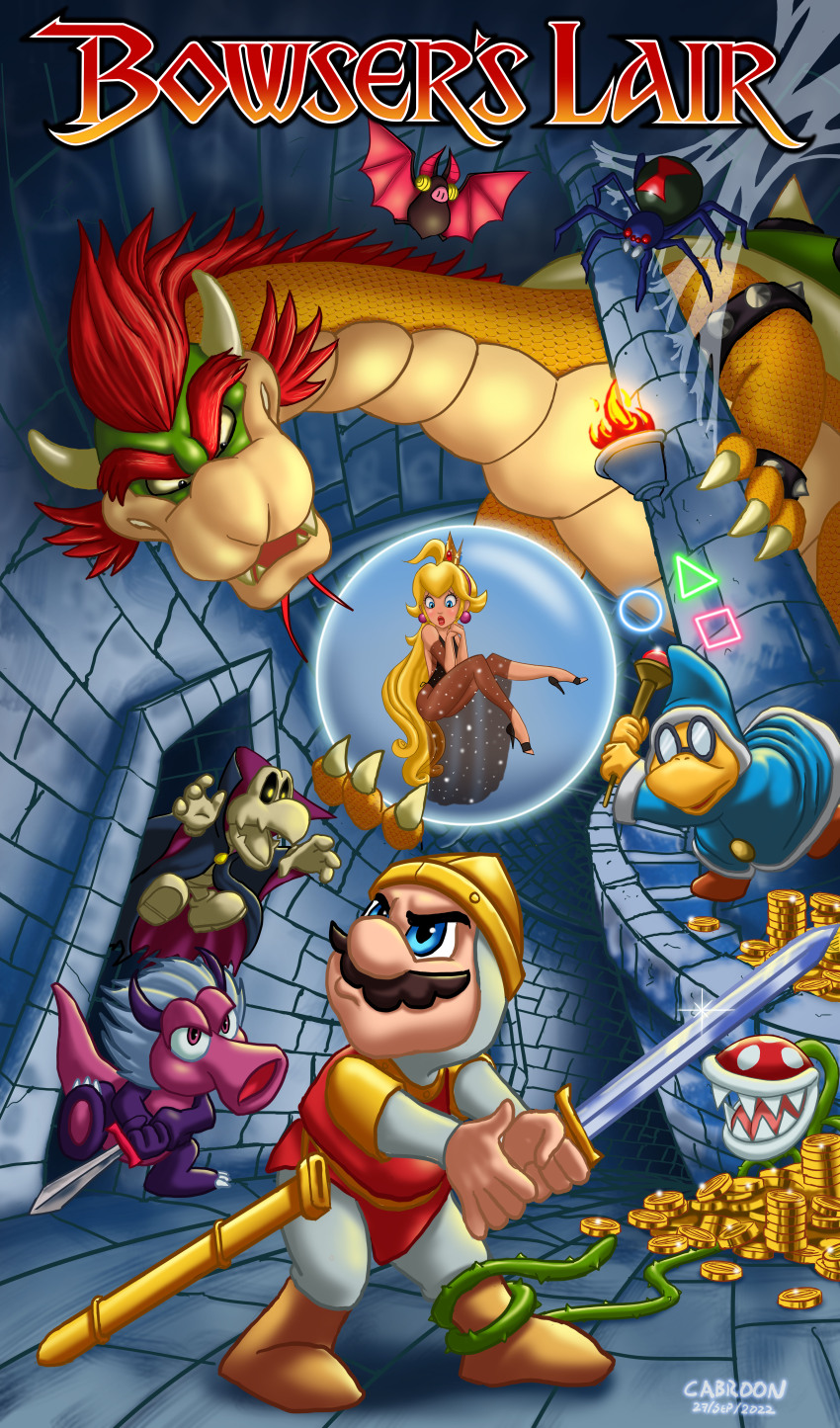 1girl 3boys absurdres bat_(animal) bat_(super_mario_galaxy) birdo black_dress blonde_hair blue_eyes bowser brown_hair bug castle character_request claws coin cosplay crossover crown dirk_the_daring dirk_the_daring_(cosplay) dragon dragon&#039;s_lair dress dry_bones earrings evil_grin evil_smile facial_hair fire gloves gold_coin grin hat highres horns indoors jewelry long_hair looking_at_another magikoopa mario mario_(series) multiple_boys mustache nintendo piranha_plant princess_daphne princess_daphne_(cosplay) princess_peach red_hair serious singe skull smile spider super_mario_bros._1 sword weapon