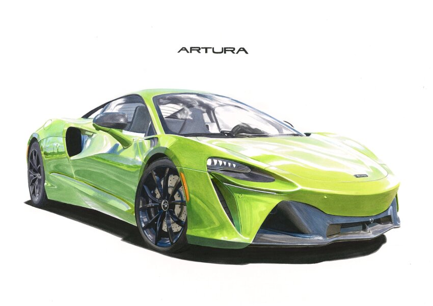 car green_car highres marker_(medium) mclaren mclaren_artura motor_vehicle no_humans original shadow simple_background sports_car sumakun traditional_media vehicle_focus vehicle_name white_background