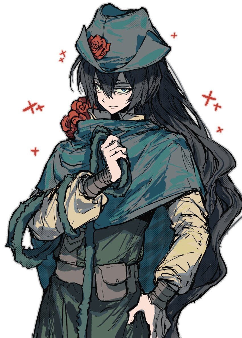 1boy anzekeye aqua_cape aqua_hat belt black_hair brown_belt cape cowboy_shot flower green_tunic hand_up hat hat_flower high_ponytail highres hong_lu_(project_moon) lasso_(e.g.o) limbus_company long_hair long_sleeves looking_at_viewer ponytail pouch project_moon red_flower red_rose rose shirt solo sparkle tunic very_long_hair wavy_hair white_shirt wrist_wrap