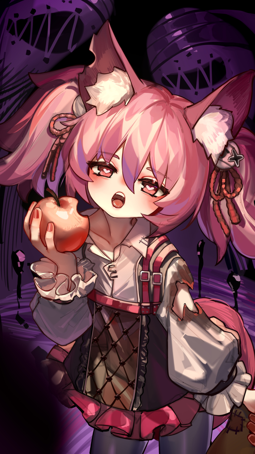 1girl absurdres animal_ear_fluff animal_ears apple arknights food fox_ears fruit heart heart-shaped_pupils highres holding holding_food holding_fruit kourou_(kouroukun) open_mouth pantyhose pink_hair shamare_(arknights) shirt solo symbol-shaped_pupils tail twintails white_shirt
