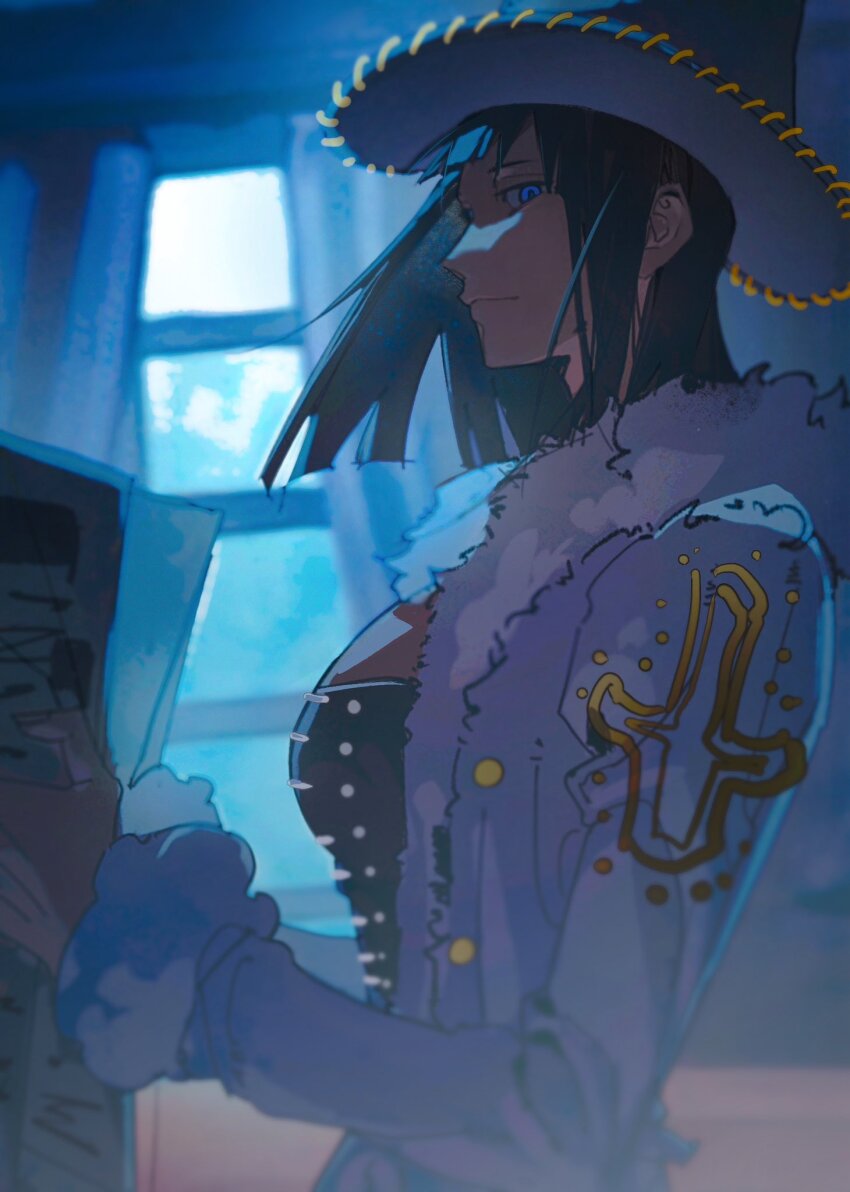 1girl black_hair blue_eyes blunt_bangs blunt_ends coat cowboy_hat from_side fur-trimmed_coat fur_coat fur_trim hat highres holding holding_newspaper indoors long_sleeves looking_at_viewer medium_hair newspaper nico_robin nico_robin_(alabasta) one_piece onecata11 smile solo white_coat white_hat window
