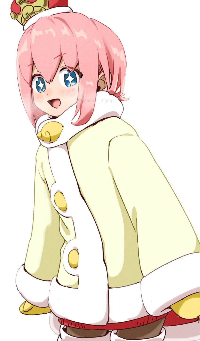 1boy arched_crown black_pantyhose blue_eyes breath buttons cape coat commentary cowboy_shot crown fur-trimmed_coat fur_trim highres long_sleeves looking_at_viewer male_focus mini_crown mittens motimoti_mgmg ocean_prince open_mouth pantyhose pink_hair puyopuyo puyopuyo_quest red_cape red_sweater salde_canarl_shellbrick_iii salde_canarl_shellbrick_iii_(midwinter) short_hair simple_background sleeves_past_wrists smile solo sparkling_eyes sweater thighhighs white_background white_coat white_thighhighs winter_clothes winter_coat yellow_mittens