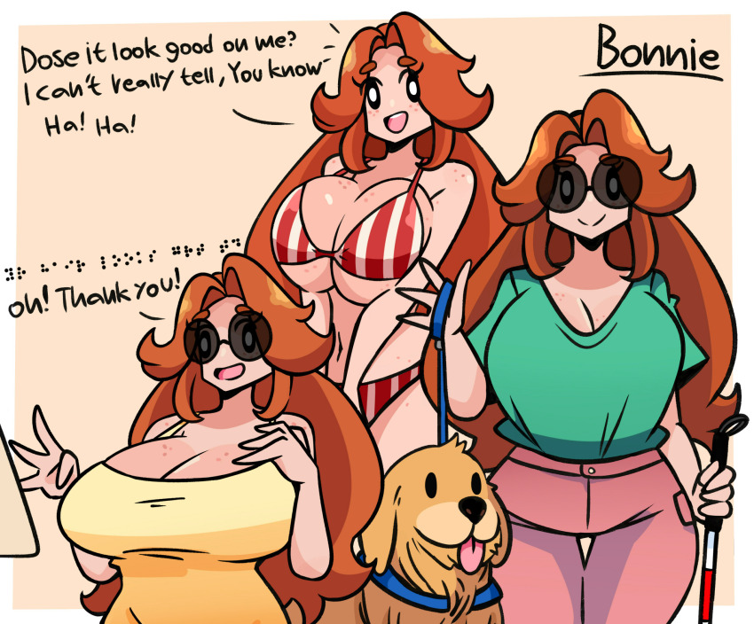 1girl bikini blind bonnie_(murgoten) braille cane dog english_text guide_dog highres murgoten swimsuit white_cane