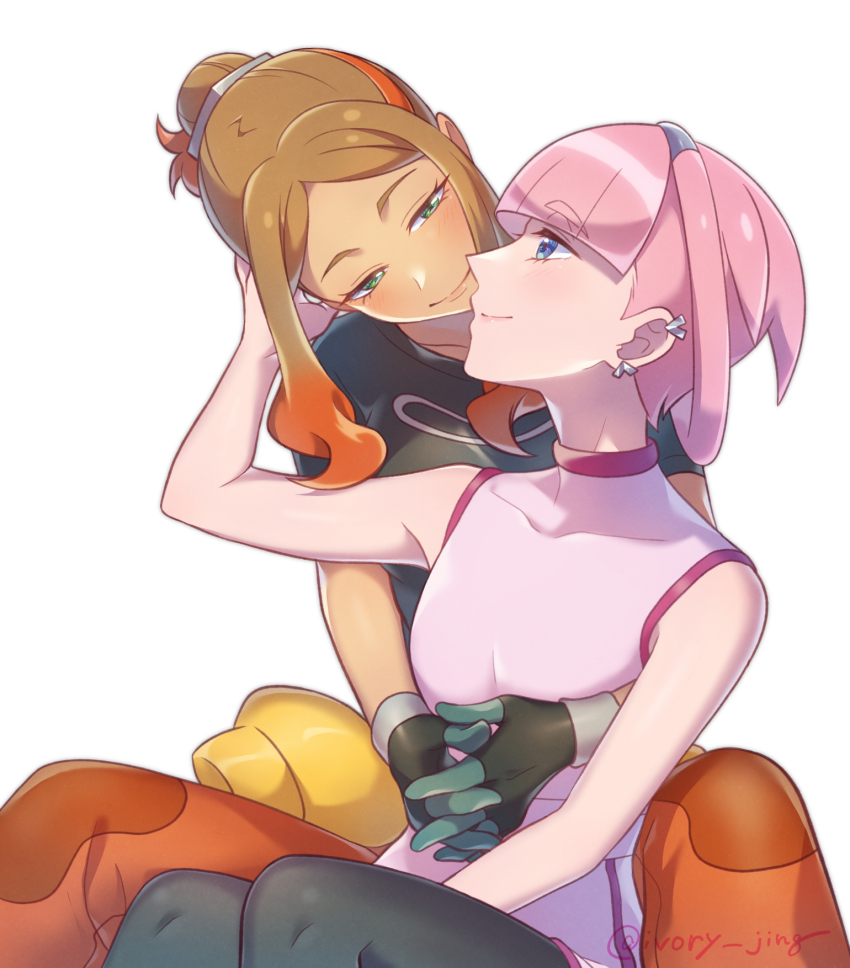 2girls artist_name blue_eyes brown_hair couple ear_piercing eye_contact gloves green_eyes hair_bun hand_on_another&#039;s_head highres hug hug_from_behind ivory_(25680nico) long_hair looking_at_another medium_hair mollie_(pokemon) multiple_girls nintendo orla_(pokemon) pants pantyhose piercing pink_hair pokemon pokemon_(anime) pokemon_horizons shirt simple_background smile t-shirt white_background yuri