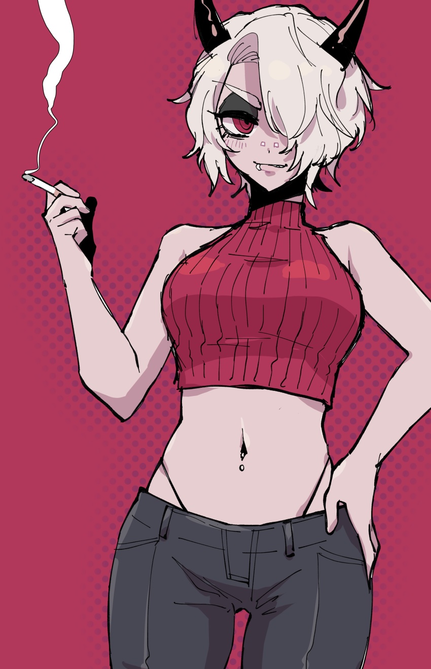 1girl absurdres amiri_ari bare_shoulders black_horns breasts cigarette demon_girl demon_horns denim face_piercing hair_over_one_eye helltaker highres horns jeans lip_piercing magenta_background medium_breasts midriff navel_piercing panties pants piercing pink_background red_eyes ribbed_sweater short_hair sleeveless sleeveless_sweater smoking sweater underwear white_hair zdrada_(helltaker)