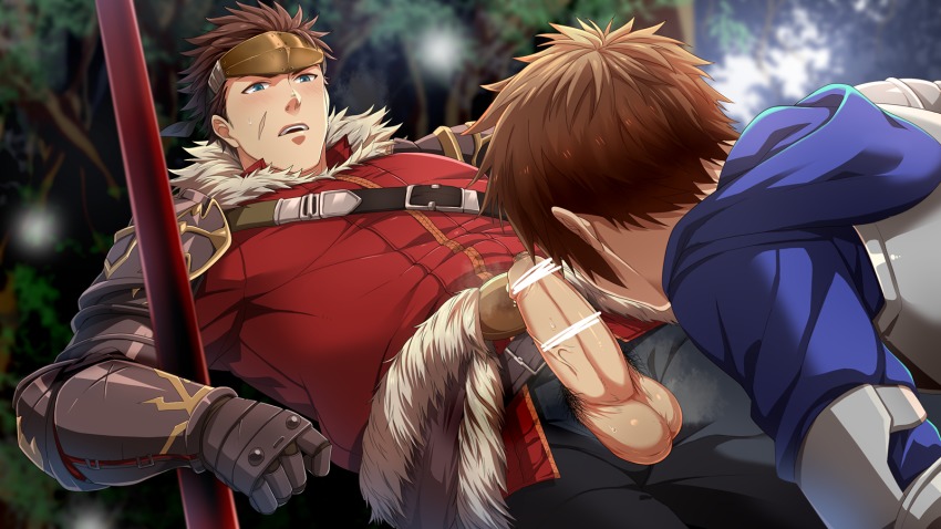 10s 2boys armor blush brown_hair censored erection fighter_(granblue_fantasy) foreskin gran_(granblue_fantasy) granblue_fantasy highres hihumi male_focus multiple_boys nature outdoors penis pubic_hair ryan_(granblue_fantasy) scar staff steam sweat tagme testicles tree weapon yaoi