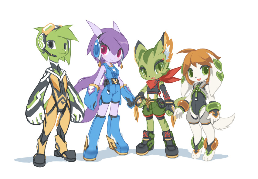 1boy 2015 3girls absurdres alien animal_ears basset_hound bird bird_boy black_eyes bodysuit boots carol_tea cat cat_ears cat_girl cat_tail chinese_clothes chinese_commentary chinese_knot commander_torque commentary digitigrade dog dog_ears dog_girl dog_tail dragon_girl dragon_horns elbow_gloves fingerless_gloves freedom_planet gloves green_eyes green_fur hairband headset highres horns krita_(medium) leotard milla_basset multiple_girls multiple_views orange_hair original purple_fur red_eyes red_scarf sash_lilac scarf signature slit_pupils standing tail three_quarter_view twintails tyson_tan water_dragon white_fur wristband