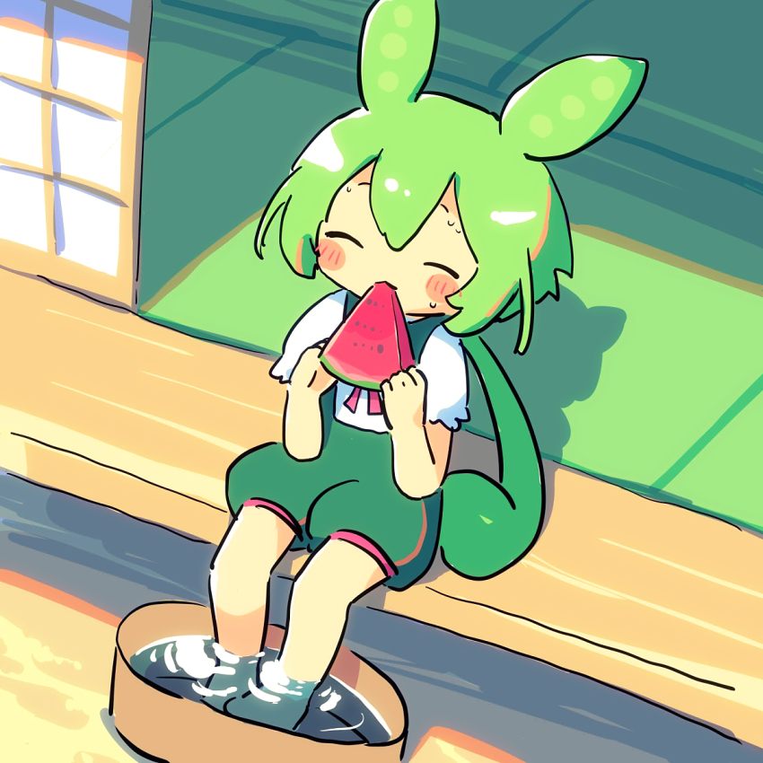 1girl :3 animal_ears ayakashi_(monkeypanch) barefoot blush_stickers closed_eyes commentary_request eating food fruit green_hair highres holding holding_food holding_fruit low_ponytail neck_ribbon ponytail ribbon short_sleeves shorts sitting smile soaking_feet solo sunlight suspender_shorts suspenders sweat veranda voicevox watermelon watermelon_slice zundamon