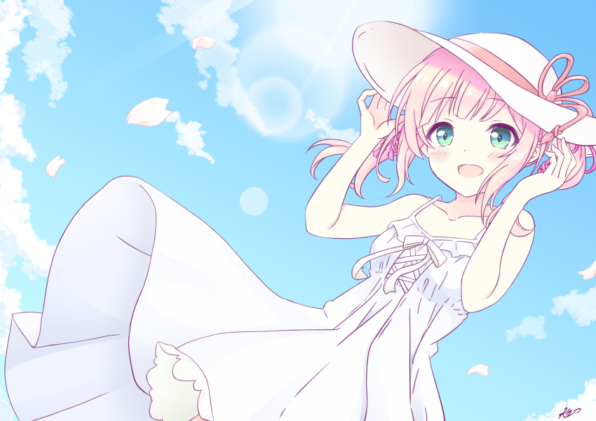 1girl blue_sky breasts christine_ketoura dress hat highres iris_mysteria! k_(nura-rikuo) pink_hair sky small_breasts smile sun