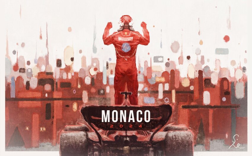 1boy 2024 arms_up car celebration chanasykine charles_leclerc ferrari formula_one formula_racer from_behind helmet monaco_(city) motor_vehicle race_vehicle racecar racing_suit real_life red_car red_helmet solo standing two-tone_helmet white_helmet