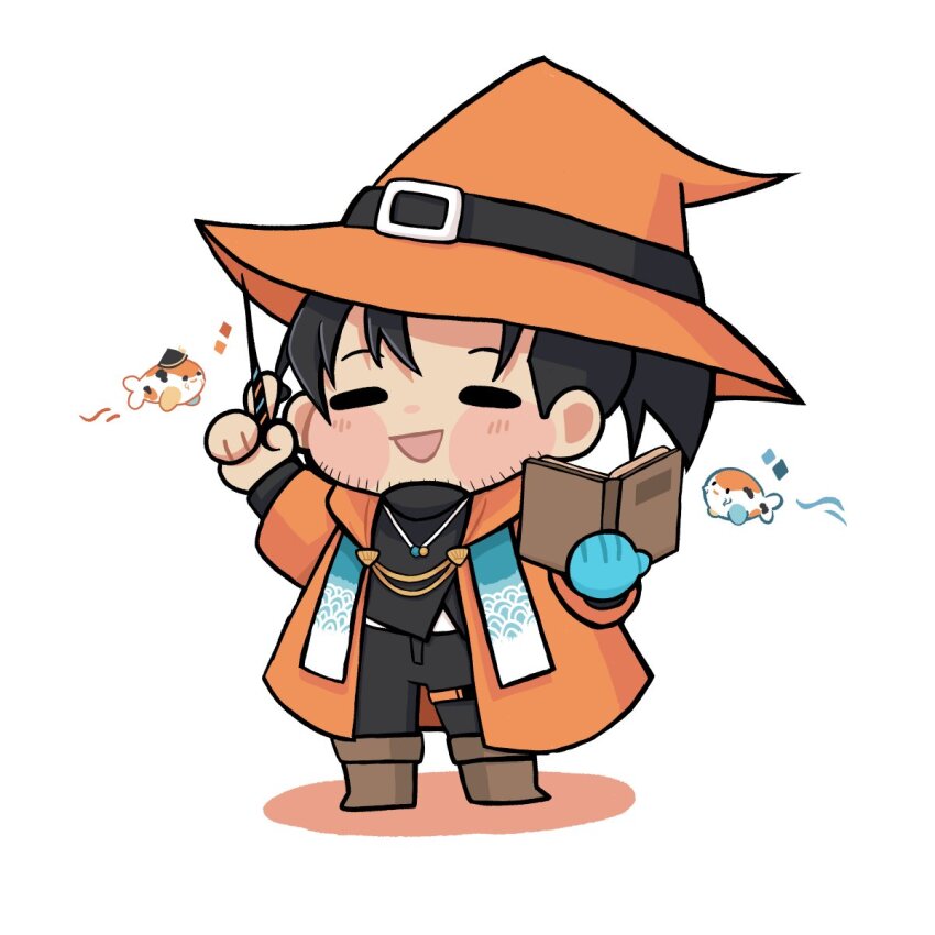 1boy beard_stubble black_hair black_pants blush book boots chescan chibi chibi_only commentary english_commentary facial_hair fish flying_fish full_body happy hat hat_belt highres holding holding_book holding_wand holostars holostars_english jacket jewelry josuiji_shinri koi long_hair male_focus necklace open_book open_clothes open_jacket open_mouth orange_jacket pants ponytail smile solo standing stubble turtleneck virtual_youtuber wand white_background wizard wizard_hat