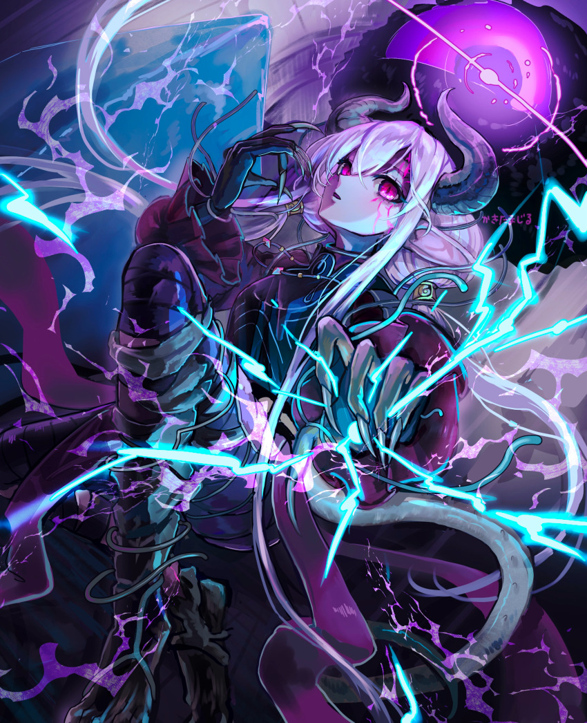 1girl absurdres alternate_form dark_persona dragon_girl dragon_horns dragon_tail dutch_angle fingernails fire_emblem fire_emblem_shadows hair_between_eyes hat highres horns iipzeyjhms0dohl long_fingernails long_hair long_sidelocks long_sleeves nintendo official_alternate_eye_color official_alternate_hair_color official_alternate_hairstyle pointy_ears red_eyes shea_(fire_emblem) sidelocks solo tail very_long_hair very_long_sidelocks white_hair