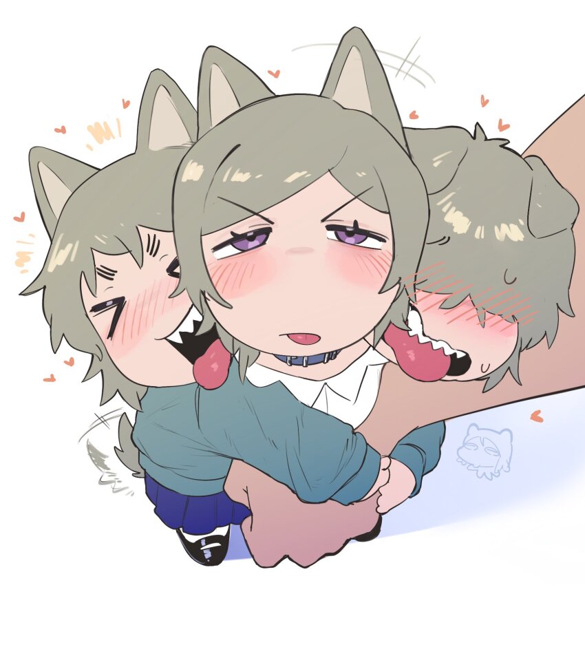&gt;_&lt; aged_down animal_ears blush brown_hair cerberus collar conjoined dog_ears dog_girl dog_tail droopy_ears grabbing_another&#039;s_arm hair_over_eyes heart highres maikamiaka multiple_girls multiple_heads open_mouth original sharp_teeth short_tail tail tail_wagging teeth tongue tongue_out white_background