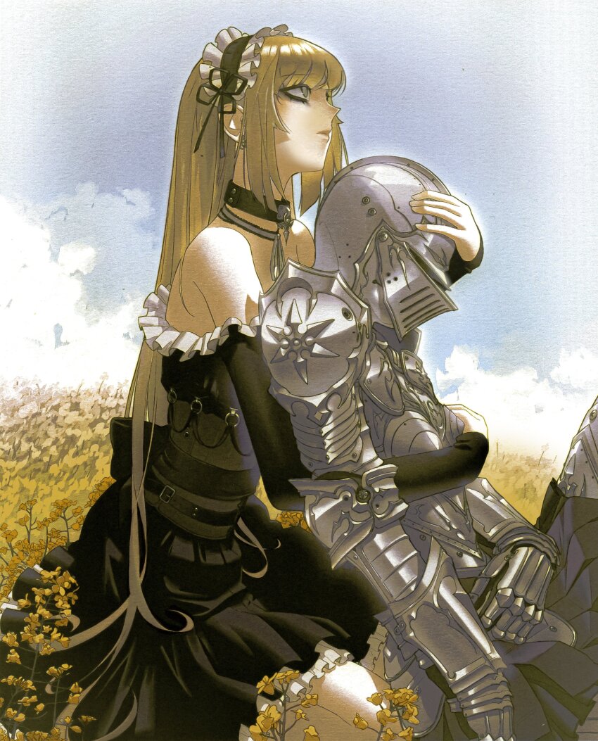 1boy 1girl absurdres armor bare_shoulders black_collar black_corset black_dress black_eyeliner black_ribbon blonde_hair closed_mouth collar corset dress eyeliner flower frills full_armor gauntlets gothic_lolita grey_eyes hairband hat hat_ribbon helm helmet highres hug hug_from_behind knight leaning_on_person lolita_fashion lolita_hairband long_hair long_sleeves looking_up makeup neck_ribbon off-shoulder_dress off_shoulder original outdoors plate_armor ribbon sky vinne white_ribbon yellow_flower