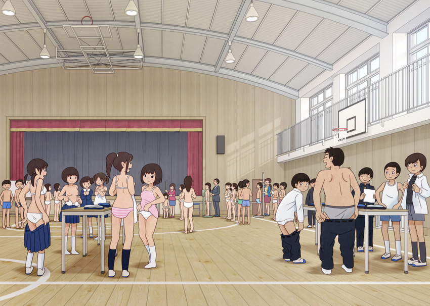 6+boys 6+girls bra breasts gym indoors kiyo_(kyokyo1220) male_underwear multiple_boys multiple_girls nipples original panties physical_examination queue stadiometer striped_clothes striped_panties topless_female underwear undressing weighing_scale white_bra white_panties