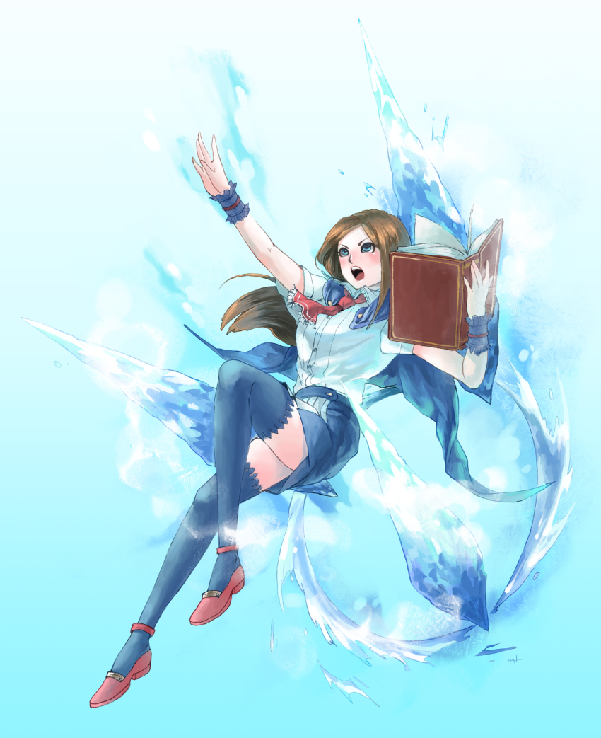 1girl absurdres ascot blue_eyes blue_thighhighs blush book breasts brown_hair capelet castlevania:_portrait_of_ruin castlevania_(series) charlotte_aulin female_focus food_fighter_441 frills highres ice long_hair open_mouth shoes skirt solo thighhighs water