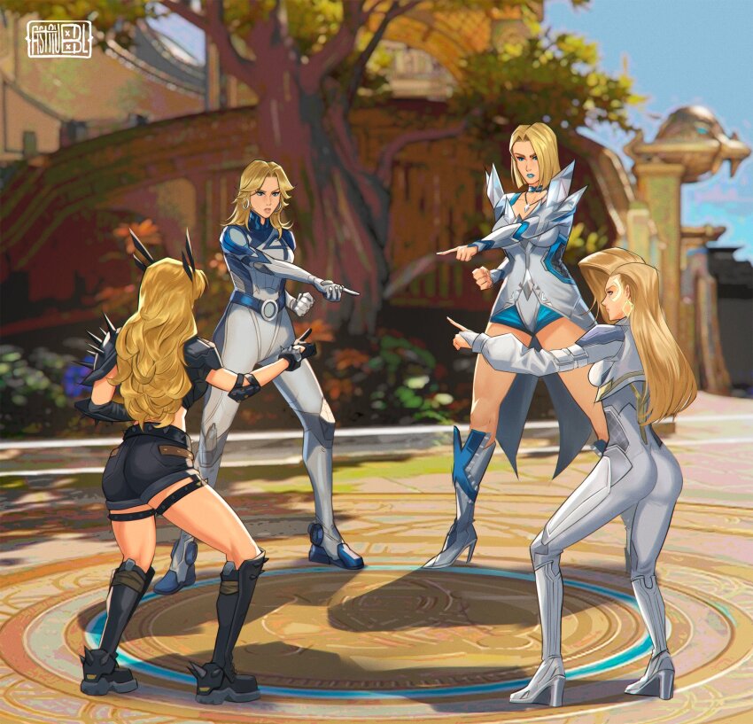 4girls artist_logo astrubalart belt black_boots black_gloves blonde_hair blue_belt bodysuit boots breasts cleavage coattails color_connection dagger_(marvel) diamond-shaped_earrings earrings emma_sheen female_focus gloves hair_color_connection high_heels highres hoop_earrings jewelry logo long_hair magik_(x-men) marvel marvel_rivals meme multiple_girls necklace pointing_spider-man_(meme) short_hair shoulder_pads shoulder_spikes spikes square sue_storm trait_connection white_bodysuit white_boots