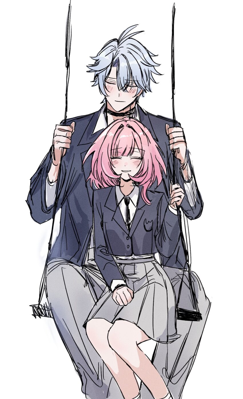 1boy 1girl ahoge alternate_costume black_necktie black_vest blue_eyes blush collared_shirt commentary cyrene_(honkai:_star_rail) grey_pants grey_skirt hashtag-only_commentary hetero highres honkai:_star_rail honkai_(series) ilsijeongj2213 medium_hair necktie on_swing pants phainon_(honkai:_star_rail) pink_hair school_uniform shirt short_hair simple_background skirt swing swing_set vest white_background white_shirt