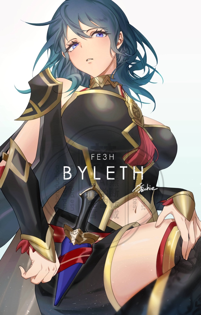 1girl absurdres armor black_armor black_cape blue_eyes breasts brooch female_byleth_(fire_emblem) female_byleth_(resplendent)_(fire_emblem) cape clothing_cutout dagger fire_emblem fire_emblem:_three_houses fire_emblem_heroes highres inusukino1 jewelry knife large_breasts medium_breasts multicolored_cape navel navel_cutout nintendo official_alternate_costume pelvic_curtain solo thighhighs weapon
