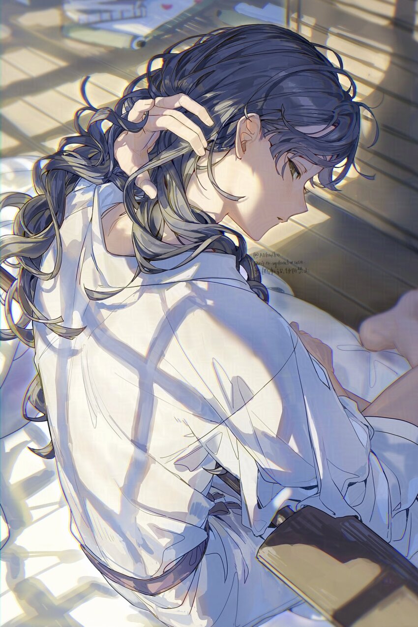 1boy abhuiko arm_behind_head ayabe_kihachirou back black_hair brown_eyes hand_up highres japanese_clothes kimono long_hair looking_back male_focus parted_lips rakudai_ninja_rantarou sitting solo twitter_username white_kimono