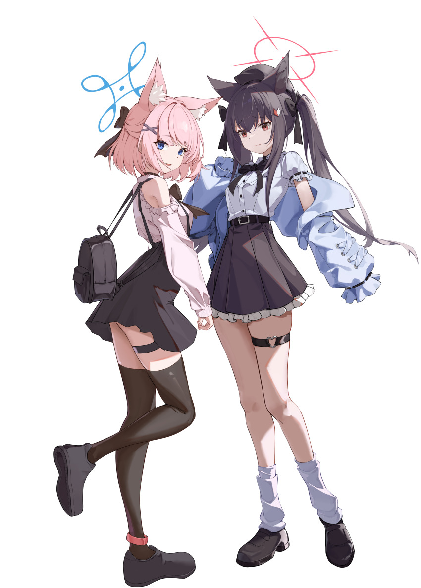 2girls absurdres alternate_costume alternate_hairstyle animal_ear_fluff animal_ears bag bare_shoulders black_bag black_bow black_hair black_hat black_ribbon black_shoes black_skirt black_thighhighs blue_archive blue_eyes blue_jacket bow brown_eyes closed_mouth clothing_cutout fox_ears fox_girl hair_between_eyes hair_bow hair_ribbon hat heart-shaped_lock high-waist_skirt highres holding holding_bag jacket jirai_kei long_hair looking_at_viewer loose_socks miniskirt multiple_girls nammmmer niko_(blue_archive) open_mouth pink_hair pink_shirt ribbon shirt shoes short_sleeves shoulder_cutout sidelocks skirt sleeves_past_fingers sleeves_past_wrists socks solo thigh_strap thighhighs twintails white_shirt white_socks yukino_(blue_archive)