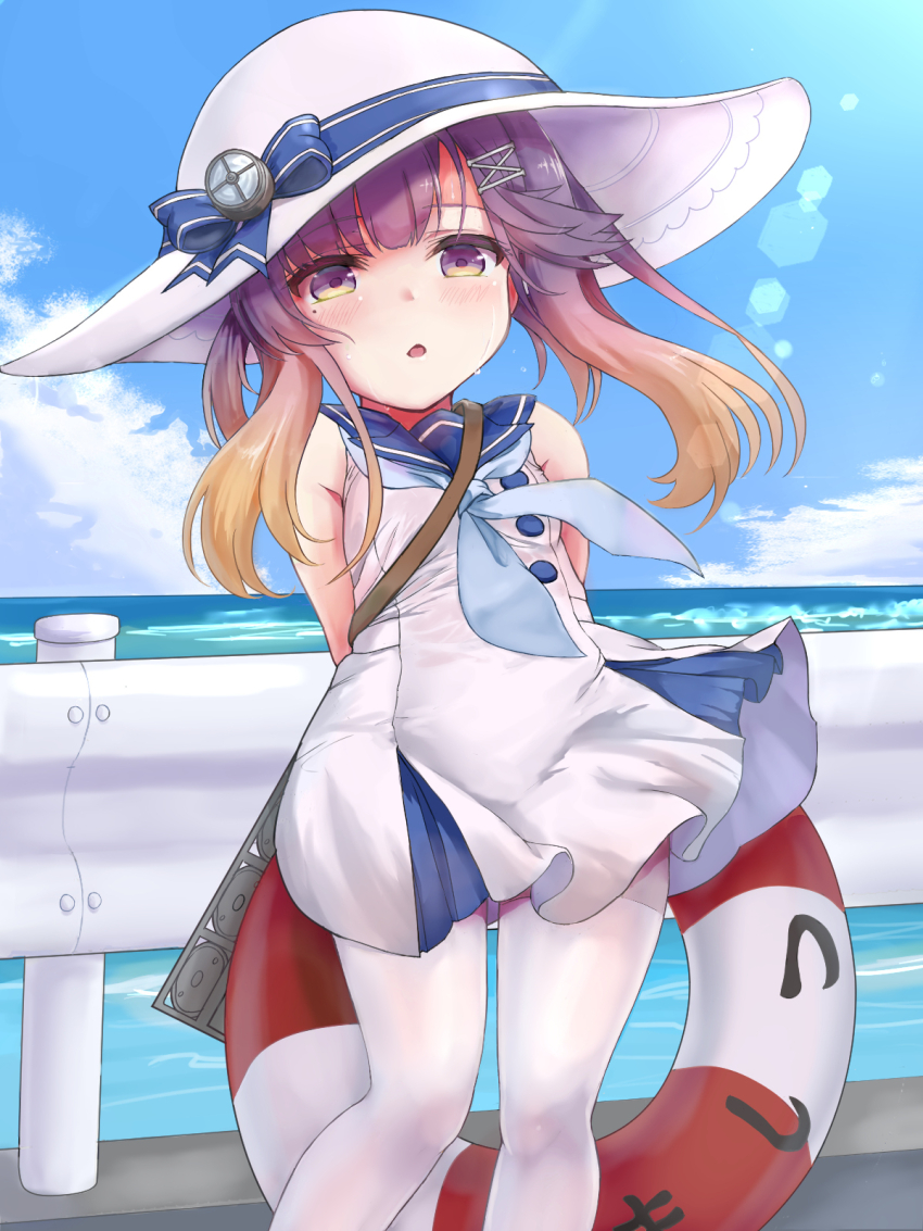 1girl adapted_costume blue_neckerchief blue_sailor_collar blue_sky cloud day dress em_s feet_out_of_frame gradient_hair hat highres kantai_collection lifebuoy long_hair multicolored_hair neckerchief orange_hair outdoors pantyhose purple_eyes purple_hair sailor_collar sailor_dress short_dress sidelocks sky sleeveless sleeveless_dress solo standing sun_hat swim_ring tsushima_(kancolle) white_dress white_hat white_pantyhose