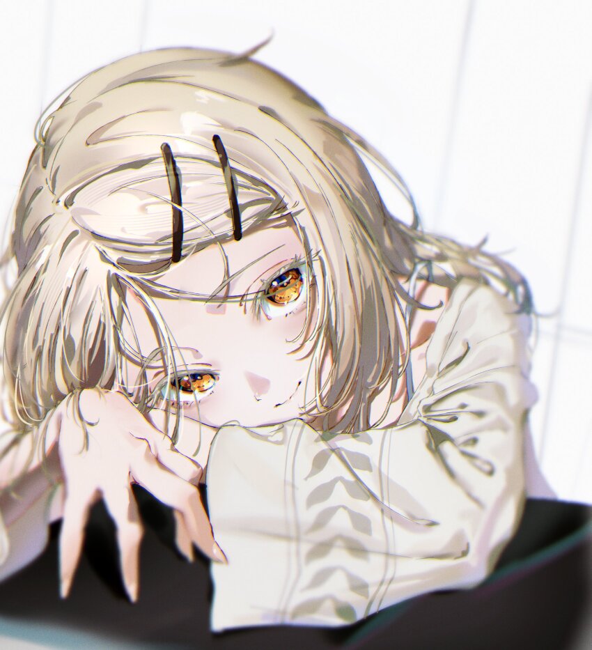 1girl blonde_hair blurry blurry_foreground chromatic_aberration coat fingernails gakuen_idolmaster hanozuku head_on_table head_tilt highres idolmaster long_sleeves looking_at_viewer loose_hair_strand orange_eyes pink_nails portrait sharp_fingernails shinosawa_hiro smile spaghetti_strap white_coat