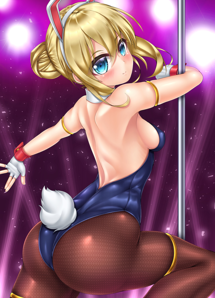 1girl absurdres animal_ears ass black_pantyhose blonde_hair blue_eyes blush breasts fake_animal_ears female_focus fishnet_pantyhose fishnets gloves highres leotard looking_at_viewer medium_breasts oooqqq pantyhose playboy_bunny pole_dancing rabbit_ears regalia_the_three_sacred_stars smile solo tail yuinshiel_asteria