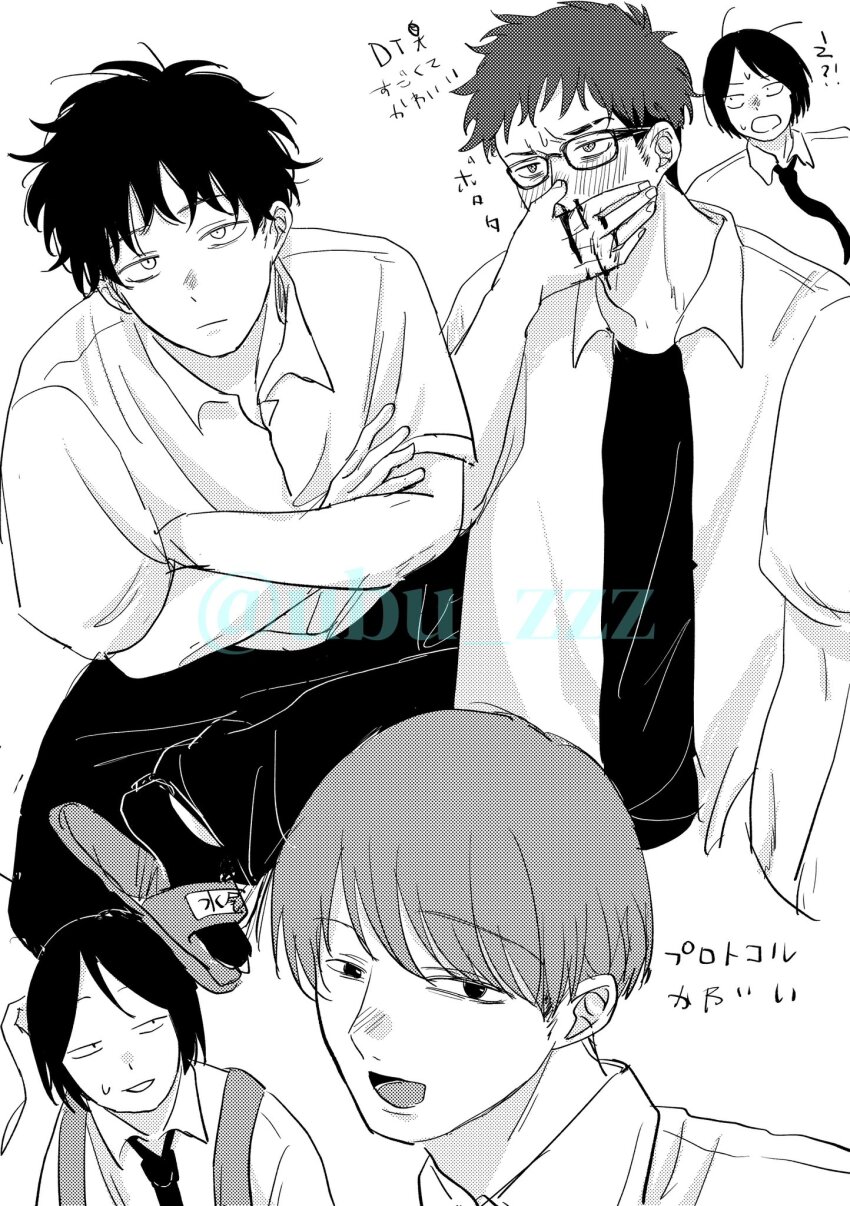 4boys :d :o :| blood blood_on_face blood_on_hands bowl_cut closed_mouth collared_shirt commentary_request dress_shirt facial_hair futsuu_no_keion-bu glasses greyscale hand_in_pocket hand_on_own_face hand_on_own_head high_contrast highres looking_at_another looking_at_viewer male_focus mizuo_haruichi monochrome multiple_boys multiple_views necktie nosebleed open_clothes open_mouth open_shirt pants parted_hair portrait protocol._(futsuu_no_keion-bu) sandals school_uniform screentones shirt short_hair short_sleeves sideburns_stubble simple_background smile socks stubble sweatdrop taguchi_ryuuya takami_kouki tohno_gen twitter_username ubu_zzz upper_body watermark white_background