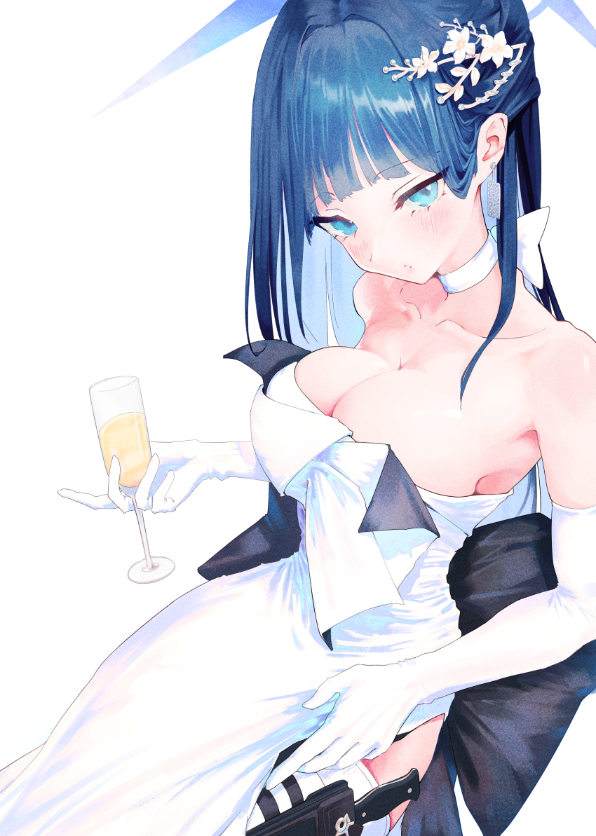 1girl absurdres bare_shoulders blue_archive blue_eyes blue_hair breasts choker cleavage cup dress elbow_gloves flower gloves hair_flower hair_ornament highres holding holding_cup knife knife_sheath large_breasts leg_holster long_hair looking_at_viewer phoebe_(user_vvpf4584) ribbon_choker saori_(blue_archive) saori_(dress)_(blue_archive) sheath thigh_strap white_choker white_dress white_gloves