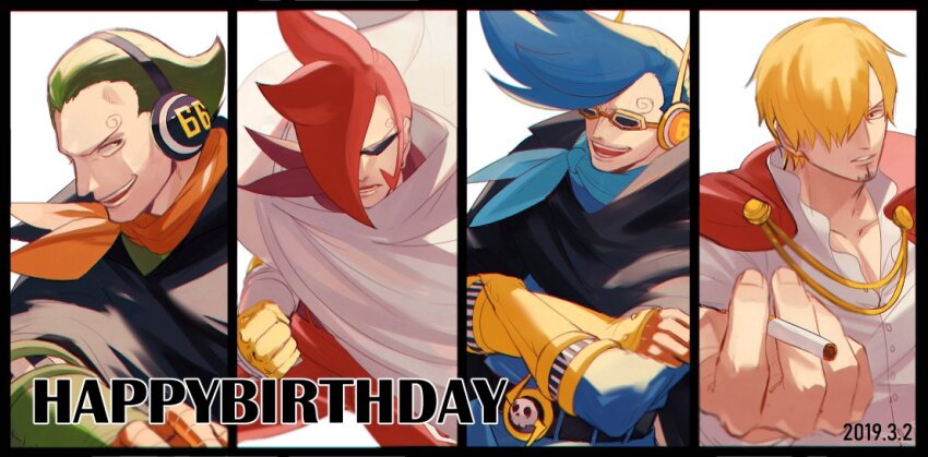 4boys bandana belt between_fingers blonde_hair blue_bandana blue_hair cape clenched_hand cloak crossed_arms curly_eyebrows dated facial_hair fingernails foreshortening gauntlets goatee green_hair headphones holding mirin_(coene65) multiple_boys one_piece orange_bandana parted_lips pompadour red_cape sanji_(one_piece) shirt short_hair skull_ornament smoking spoilers sunglasses tinted_eyewear vinsmoke_ichiji vinsmoke_niji vinsmoke_yonji white_cloak white_shirt yellow-framed_eyewear
