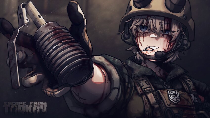 1girl absurdres blonde_hair blood blood_on_face blue_eyes breasts brown_gloves bulletproof_vest cadpat camouflage camouflage_jacket combat_helmet ear_protection epakim escape_from_tarkov explosive gloves grenade grenade_pin_in_mouth hair_between_eyes helmet highres jacket lamia_(epakim) medium_breasts medium_hair microphone multiple_scars open_mouth original scar scar_across_eye scar_on_face scissors sleeves_rolled_up slit_pupils solo tourniquet upper_body