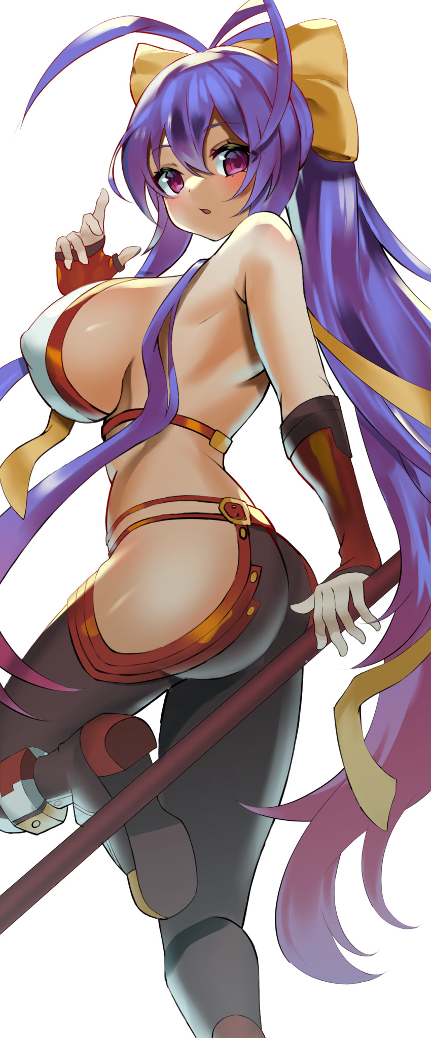 1girl absurdres antenna_hair arm_up ass back backless_outfit bare_shoulders black_pants blazblue blazblue:_central_fiction blazblue_variable_heart blue_hair blush bow breasts covered_erect_nipples fingerless_gloves from_behind genderswap genderswap_(mtf) gloves hair_between_eyes hair_bow halterneck highres hip_focus hip_vent holding holding_polearm holding_weapon large_breasts leg_up long_hair looking_at_viewer looking_back lowleg lowleg_pants mai_natsume midriff no_bra open_mouth pants pink_eyes polearm ponytail purple_eyes purple_hair red_gloves revealing_clothes ribbon sato_one1 sideboob sidelocks simple_background skindentation solo spear standing standing_on_one_leg thighs very_long_hair weapon white_background yellow_bow