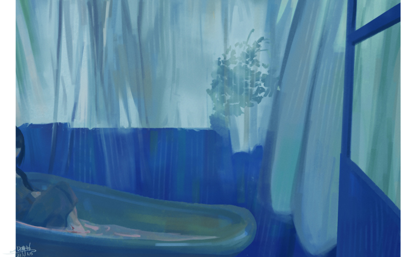 1girl bathroom bathtub black_hair blue_theme chinese_commentary commentary_request completely_nude curtains dated faceless faceless_female full_body indoors long_hair nude original partially_submerged pillarboxed plant potted_plant sanshui_guantang shouji signature sliding_doors solo