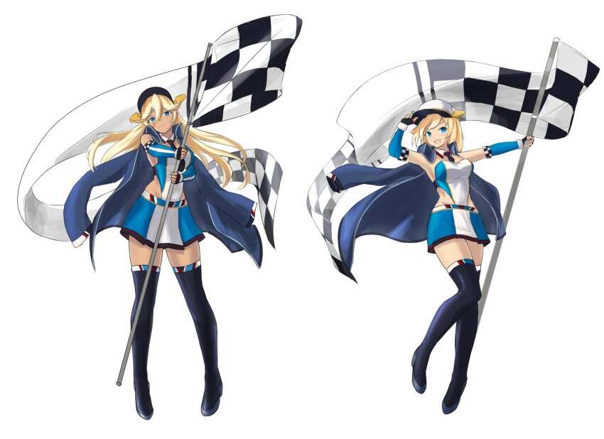 azur_lane black_gloves blonde_hair blue_eyes blue_necktie california_(azur_lane) checkered_flag crossed_bangs dark-skinned_female dark_skin dress fingerless_gloves flag gloves hat highres jacket jacket_on_shoulders microdress necktie peaked_cap race_queen tennessee_(azur_lane) white_hat yuto_akaji