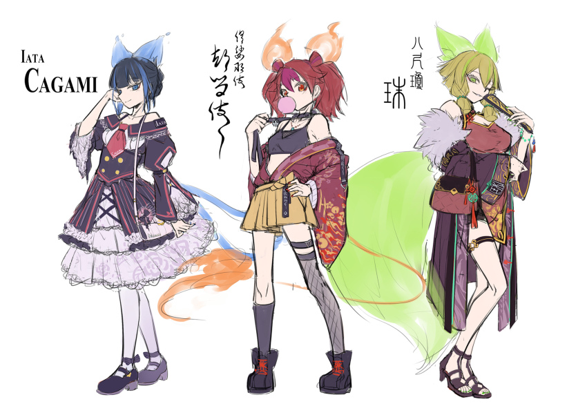 animal_ear_fluff animal_ears bare_shoulders black_camisole black_dress black_hair black_socks blonde_hair blowing_bubble_gum blowing_bubbles blue_eyes blue_hair breasts brown_kimono brown_skirt camisole character_request chewing_gum commentary_request dress duel_monster fishnet_thighhighs fishnets fox_ears fox_girl fox_tail green_eyes green_hair grey_thighhighs hair_between_eyes hand_on_own_hip hand_up highres japanese_clothes juliet_sleeves kimono kneehighs long_sleeves multicolored_hair off-shoulder_dress off_shoulder one_eye_closed pantyhose pleated_skirt puffy_sleeves purple_hair red_eyes red_hair shun_no_shun single_kneehigh single_sock single_thighhigh skirt small_breasts smile socks standing streaked_hair tail thighhighs translation_request two-tone_hair white_background white_pantyhose wide_sleeves yu-gi-oh!